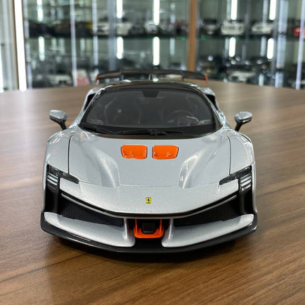 1/18 Metal Diecast Bburago Ferrari SF90 XX Stradale in Silver- Full Opening - studio product photo of the scale model
