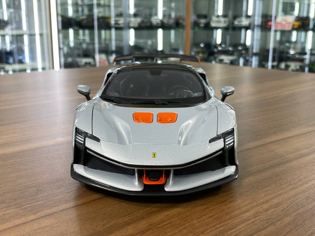 1/18 Metal Diecast Bburago Ferrari SF90 XX Stradale in Silver- Full Opening - studio product photo of the scale model