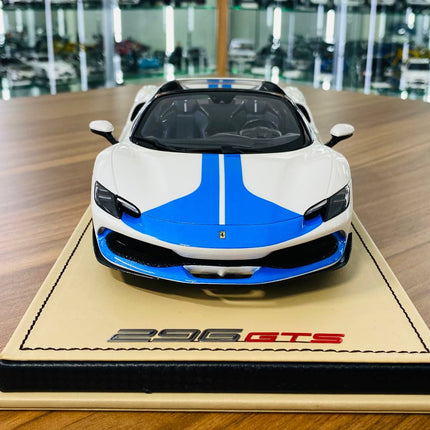 MR Collection Models Ferrari 296 GTS 1/18 Resin Model White/Blue - studio product photo of the scale model