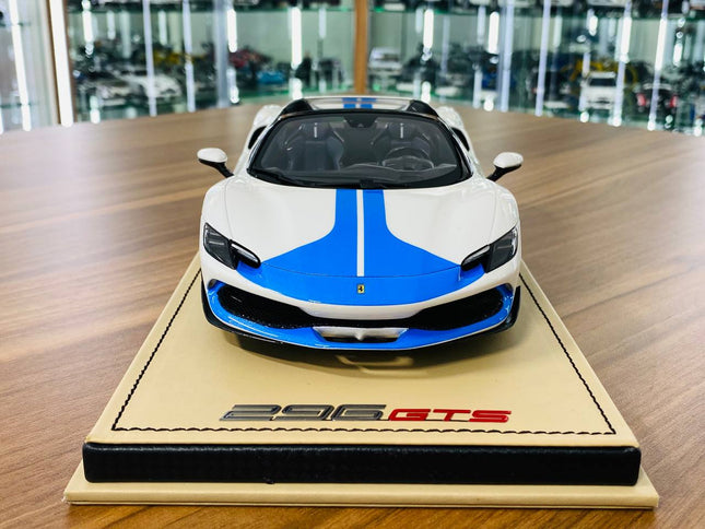 MR Collection Models Ferrari 296 GTS 1/18 Resin Model White/Blue - studio product photo of the scale model