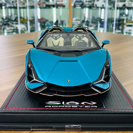 Lamborghini SIAN Roadster 1/18 Resin Model Blu Uranus 399 Pcs | MR Collection - studio product photo of the scale model