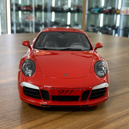 GT Spirit Porsche 911 (991) Carrera S 1:18 Red Resin Model Car - studio product photo of the scale model