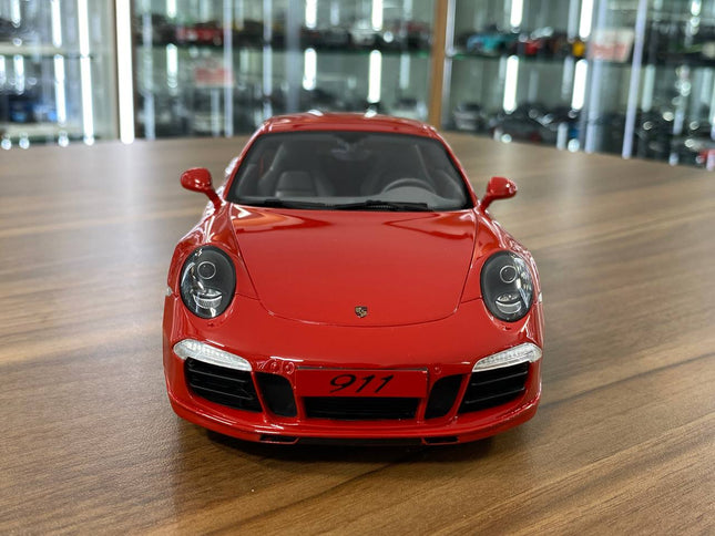 GT Spirit Porsche 911 (991) Carrera S 1:18 Red Resin Model Car - studio product photo of the scale model