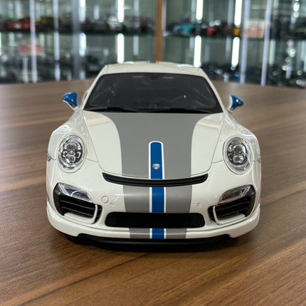 GT Spirit Porsche 911 Turbo S Modified by TechArt 1:18 Resin Model White Blue Limited 1250 - studio product photo of the scal
