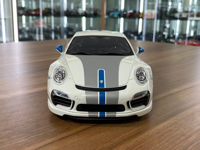 GT Spirit Porsche 911 Turbo S Modified by TechArt 1:18 Resin Model White Blue Limited 1250 - studio product photo of the scal
