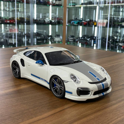 GT Spirit Porsche 911 Turbo S Modified by TechArt 1:18 Resin Model White Blue Limited 1250 - detailed collector display model