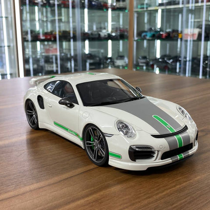 GT Spirit 1/18 Resin Porsche 911 Turbo S Modified by TechArt White/Green Stripe Limited 300 pcs - detailed collector display 