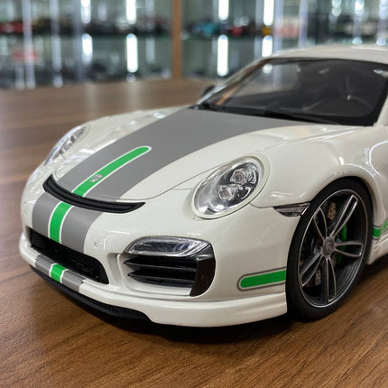 GT Spirit 1/18 Resin Porsche 911 Turbo S Modified by TechArt White/Green Stripe Limited 300 pcs - detailed die-cast style mod