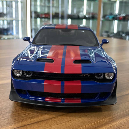 GT Spirit 1/18 Dodge Challenger SRT Super Stock 2021 Blue/Red Stripes Resin Model - studio product photo of the scale model