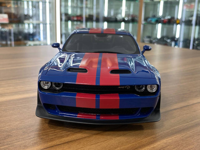 GT Spirit 1/18 Dodge Challenger SRT Super Stock 2021 Blue/Red Stripes Resin Model - studio product photo of the scale model