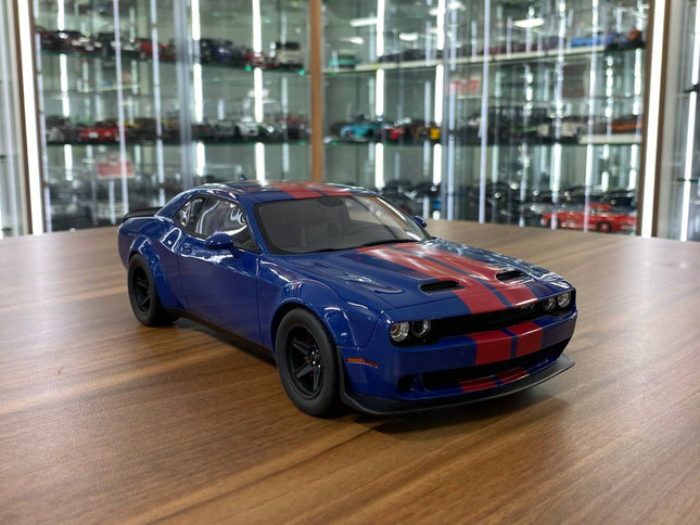 GT Spirit 1/18 Dodge Challenger SRT Super Stock 2021 Blue/Red Stripes Resin Model - detailed collector display model