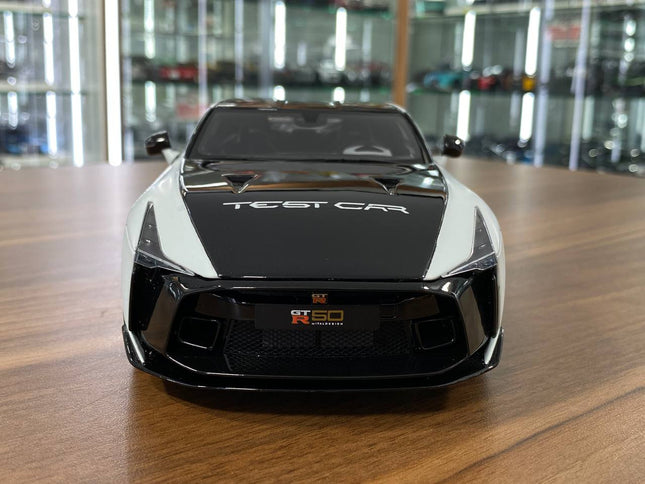 GT Spirit 1:18 Nissan GT-R50 Test Car 2020 White/Black Resin Model - studio product photo of the scale model