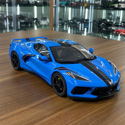 GT Spirit 1:18 Chevrolet Corvette C8 2020 Resin Diecast Model Blue/Black Stripes Limited 999 Pcs - detailed collector display