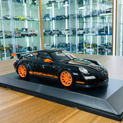 Minichamps Porsche 911 GT3 RS 2007 1:18 Diecast Model Black Orange - detailed collector display model