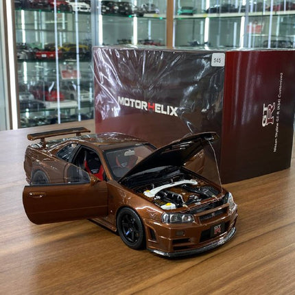 MotorHelix 1/18 Nissan Skyline GT-R R34 Customized Diecast Model Metallic Bronze - fine detailed model replica