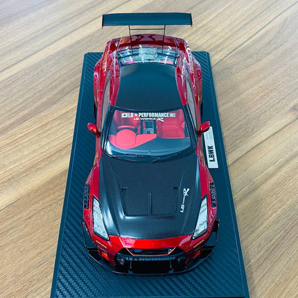 Ignition Model Nissan GT-R R35 LBWK 1/18 Scale Red/Black Resin Model - studio product photo of the scale model