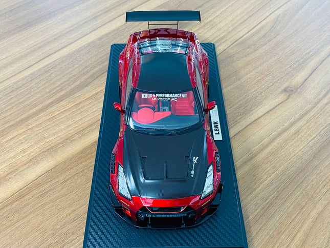 Ignition Model Nissan GT-R R35 LBWK 1/18 Scale Red/Black Resin Model - studio product photo of the scale model