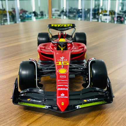 Bburago Ferrari F1-75 C. Leclerc #16 1/18 Diecast Model Car Matt Red/Yellow - studio product photo of the scale model