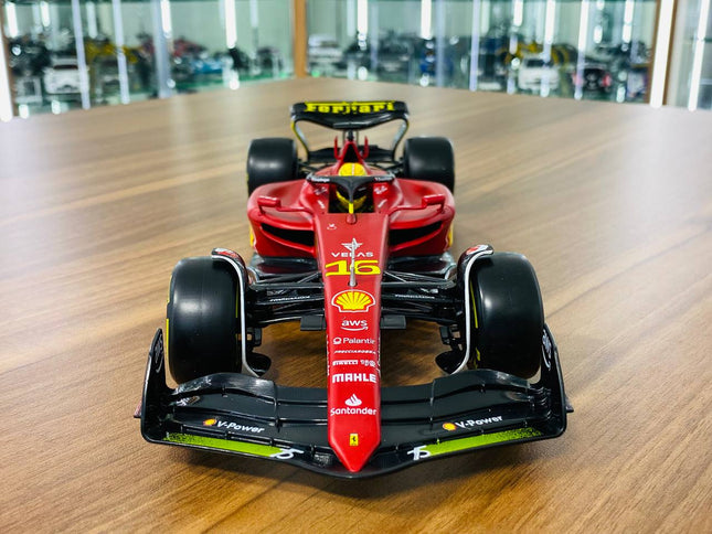 Bburago Ferrari F1-75 C. Leclerc #16 1/18 Diecast Model Car Matt Red/Yellow - studio product photo of the scale model