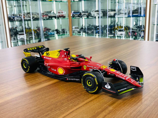 Bburago Ferrari F1-75 C. Leclerc #16 1/18 Diecast Model Car Matt Red/Yellow - detailed collector display model