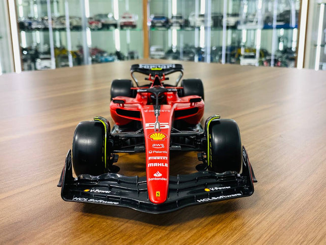 1/18 Metal Diecast Bburago Ferrari SF-23 C. Sainz #55 Matt Red - studio product photo of the scale model