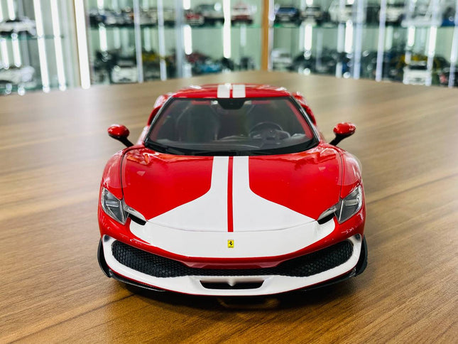 Bburago 1/18 Ferrari 296 GTB Assetto Fiorano Red White Diecast Model - studio product photo of the scale model