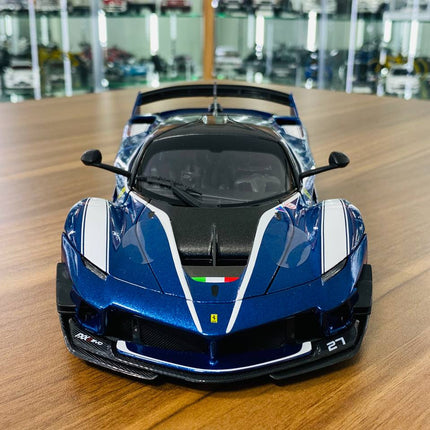 Bburago Ferrari FXX K #27 1/18 Diecast Model Car Blue - studio product photo of the scale model