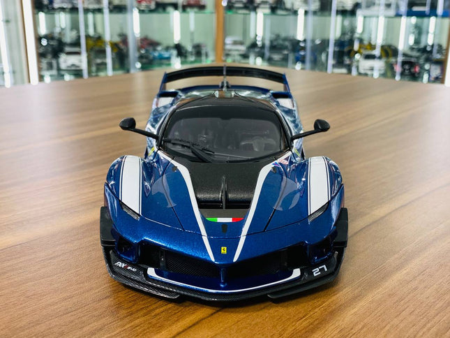 Bburago Ferrari FXX K #27 1/18 Diecast Model Car Blue - studio product photo of the scale model
