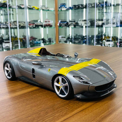 Bburago 1/18 Ferrari Monza SP1 Silver Metallic with Yellow Stripes Diecast Model Car - detailed collector display model