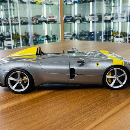 Bburago 1/18 Ferrari Monza SP1 Silver Metallic with Yellow Stripes Diecast Model Car - collectible scale model car