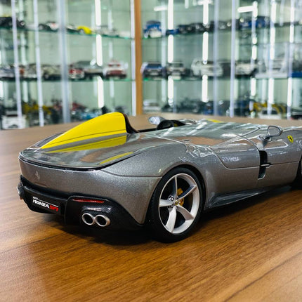Bburago 1/18 Ferrari Monza SP1 Silver Metallic with Yellow Stripes Diecast Model Car - collector edition scale model