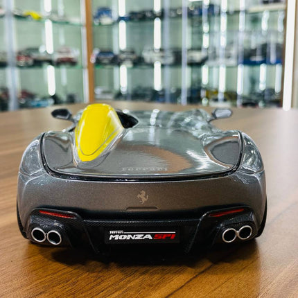 Bburago 1/18 Ferrari Monza SP1 Silver Metallic with Yellow Stripes Diecast Model Car - detailed die-cast style model