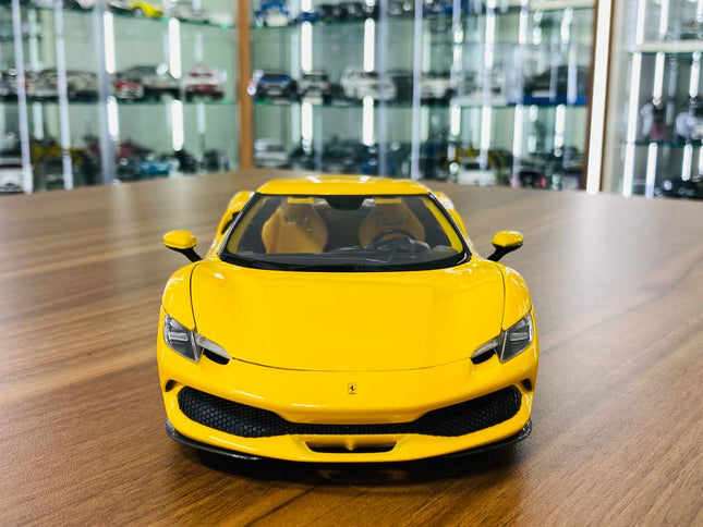Bburago 1/18 Ferrari 296 GTB Yellow Diecast Model Car - studio product photo of the scale model