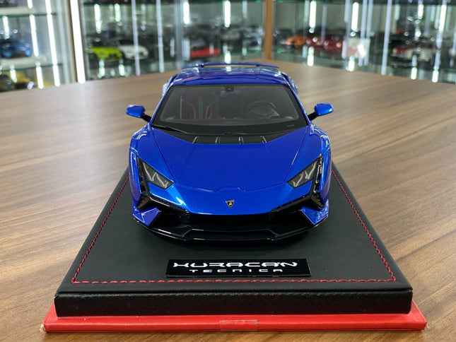 MR Collection 1:18 Lamborghini Huracan Tecnica Blue Nethuns Limited Edition 49 Pcs - studio product photo of the scale model