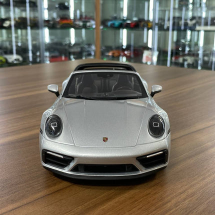 Minichamps Porsche 911 Targa 4 GTS 1:18 Diecast Model GT Silver - studio product photo of the scale model