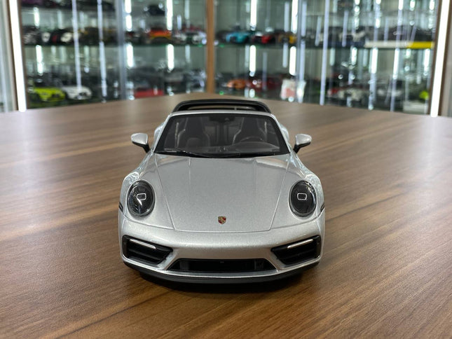 Minichamps Porsche 911 Targa 4 GTS 1:18 Diecast Model GT Silver - studio product photo of the scale model