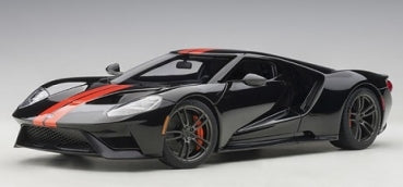 1:18 scale black diecast model car with red racing stripe, sports car collectible