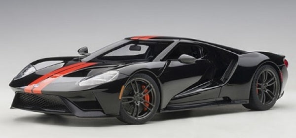 Black 1:18 scale diecast model car with red racing stripe, detailed sports car design