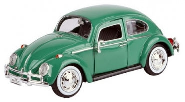 Green diecast model car in classic Volkswagen Beetle style with chrome details