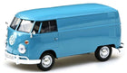 Blue diecast model Volkswagen van 1:18 scale with detailed exterior, isolated on white