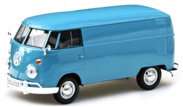 Blue diecast VW vintage van model 1:18 scale with detailed exterior collectible display