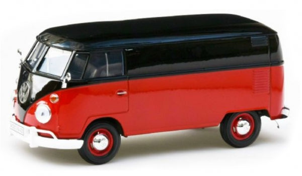 1:18 scale diecast Volkswagen classic van model in red and black, side view