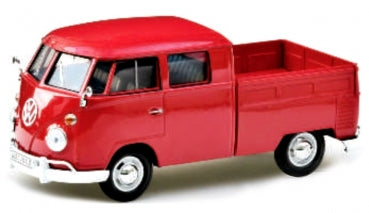 Red diecast model VW pickup truck with detailed exterior, 1:18 scale collectible car
