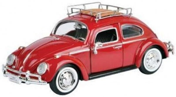 Red vintage Volkswagen Beetle diecast model car with roof rack, 1:18 scale collectible