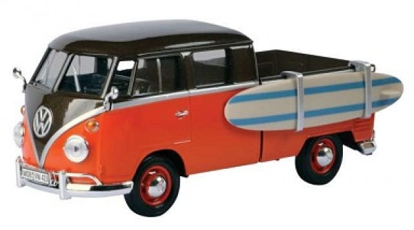 1:18 scale orange Volkswagen pickup diecast model with surfboard accessory