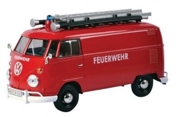 Red Volkswagen diecast fire truck model with ladder, marked 'Feuerwehr', 1:18 scale