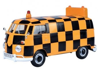 Diecast model Volkswagen van in black and yellow checkered pattern with roof emergency light