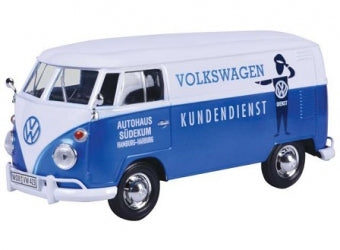 1:18 scale blue and white Volkswagen service van diecast model with German text on side