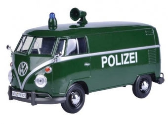 1:18 scale green Volkswagen Polizei diecast model van with police markings and sirens