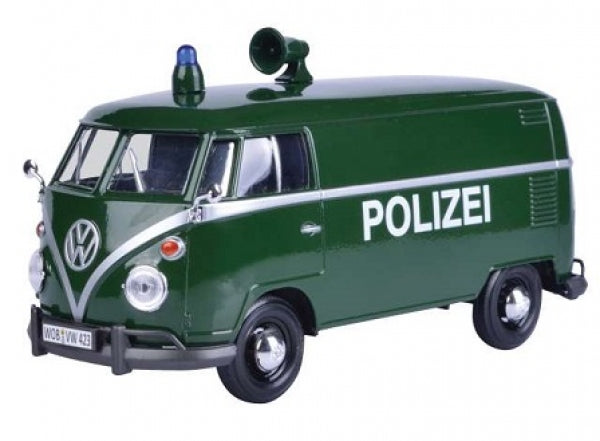 1:18 scale green Volkswagen van diecast model marked Polizei with siren and megaphone